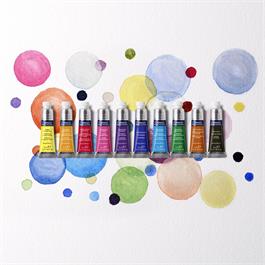 All 10 colours in the Winsor & Newton Cotman 10 x 5ml Watercolour Set – Titanium White, Process Yellow, Cadmium Red Hue, Ultramarine and more