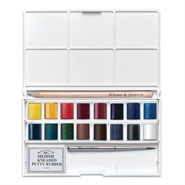 Cotman Deluxe Sketchers Pocket Box open with 16 half pans, travel brush, pencil and kneaded eraser