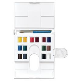 Cotman Watercolour Field Set open with 14 half pans and travel brush