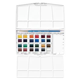 Cotman 24 Half Pan Travel Set open with 24 colours and Cotman round brush