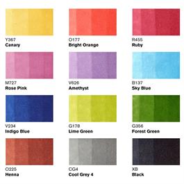 Winsor & Newton Promarker 12 Set 1 – Colour Swatch Chart (Canary, Bright Orange, Ruby, Rose Pink, Amethyst, Sky Blue, Indigo Blue, Lime Green, Forest Green, Henna, Cool Grey 4, Black, Blender)