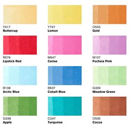 Winsor & Newton Promarker 12 Set 2 – Colour Swatch Chart (Cocoa, Lipstick Red, Cerise, Fuchsia Pink, Gold, Lemon, Buttercup, Apple, Meadow Green, Turquoise, Cobalt Blue, Arctic Blue, Blender)