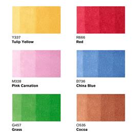 Winsor & Newton Promarker Mid Tones Set of 6 – Colour Swatch Chart (Tulip Yellow, Red, Pink Carnation, China Blue, Grass, Cocoa)