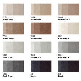 Winsor & Newton Promarker Brush 12 Neutral Tones Set – Colour Swatch Chart (2× Black, Blender, Cool Grey 1 – 5, Warm Grey 1 – 5)
