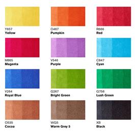 Winsor & Newton Promarker Brush 12 Vibrant Set – Colour Swatch Chart (Black, Blender, Bright Green, Cocoa, Cyan, Lush Green, Magenta, Pumpkin, Purple, Red, Royal Blue, Warm Grey 5, Yellow)