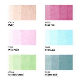 Winsor & Newton Promarker Brush 6 Pastel Tones Set – Colour Swatch Chart (Cool Aqua, Pebble Blue, Pink Pearl, Putty, Meadow Green, Rose Pink)