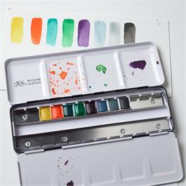 Winsor & Newton Professional Watercolour Revival Collection – colour swatches and half pans in tin